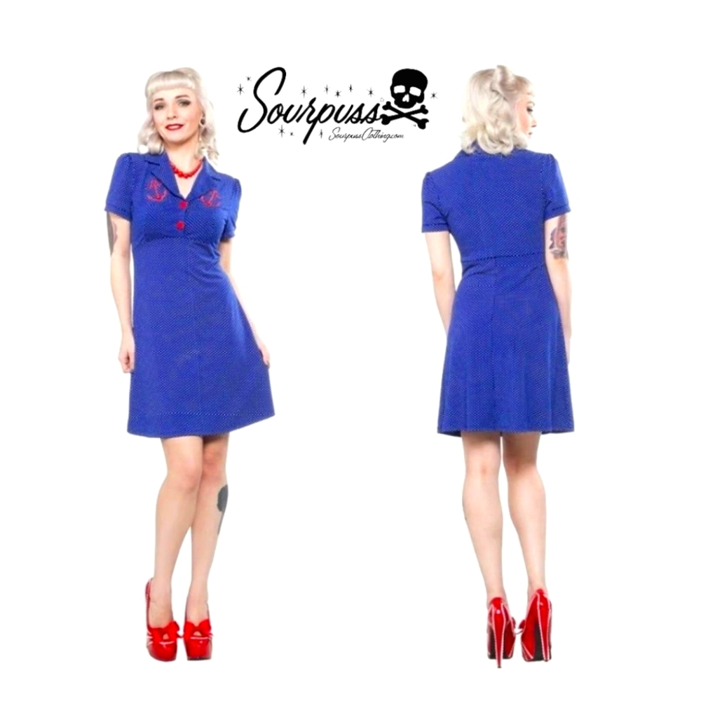 Sourpuss Blue Polka Dot Mini Dress with Red Accents